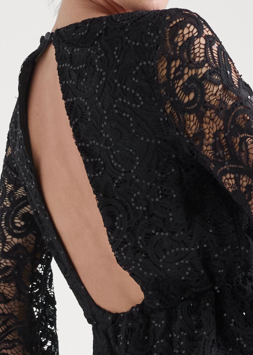 Venus Sequin Lace Open-Back Romper in Black