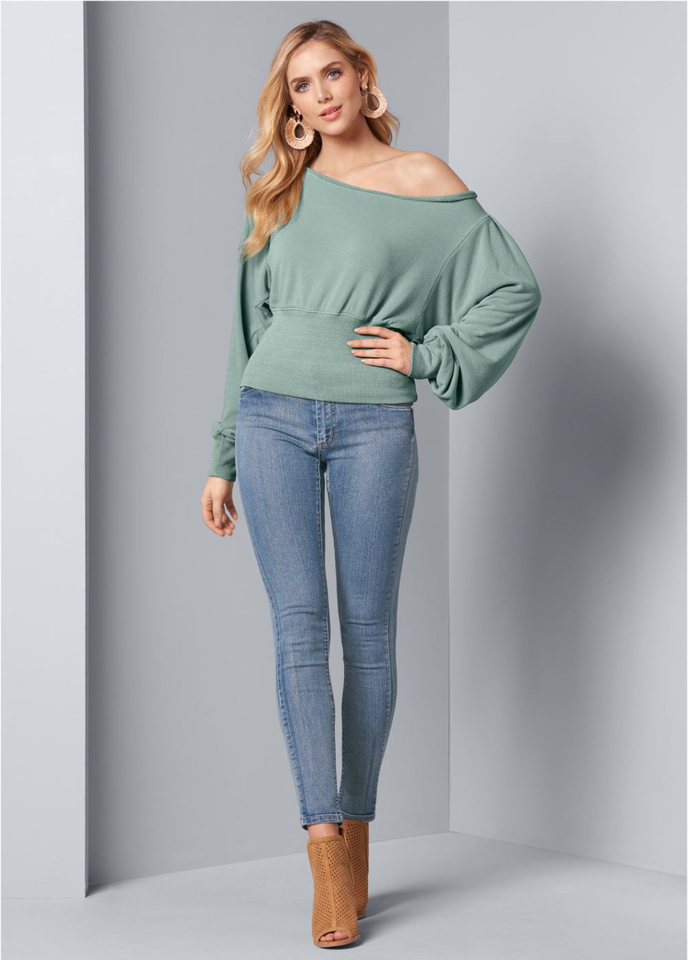 Venus Off-Shoulder Sweatshirt in Blue Surf