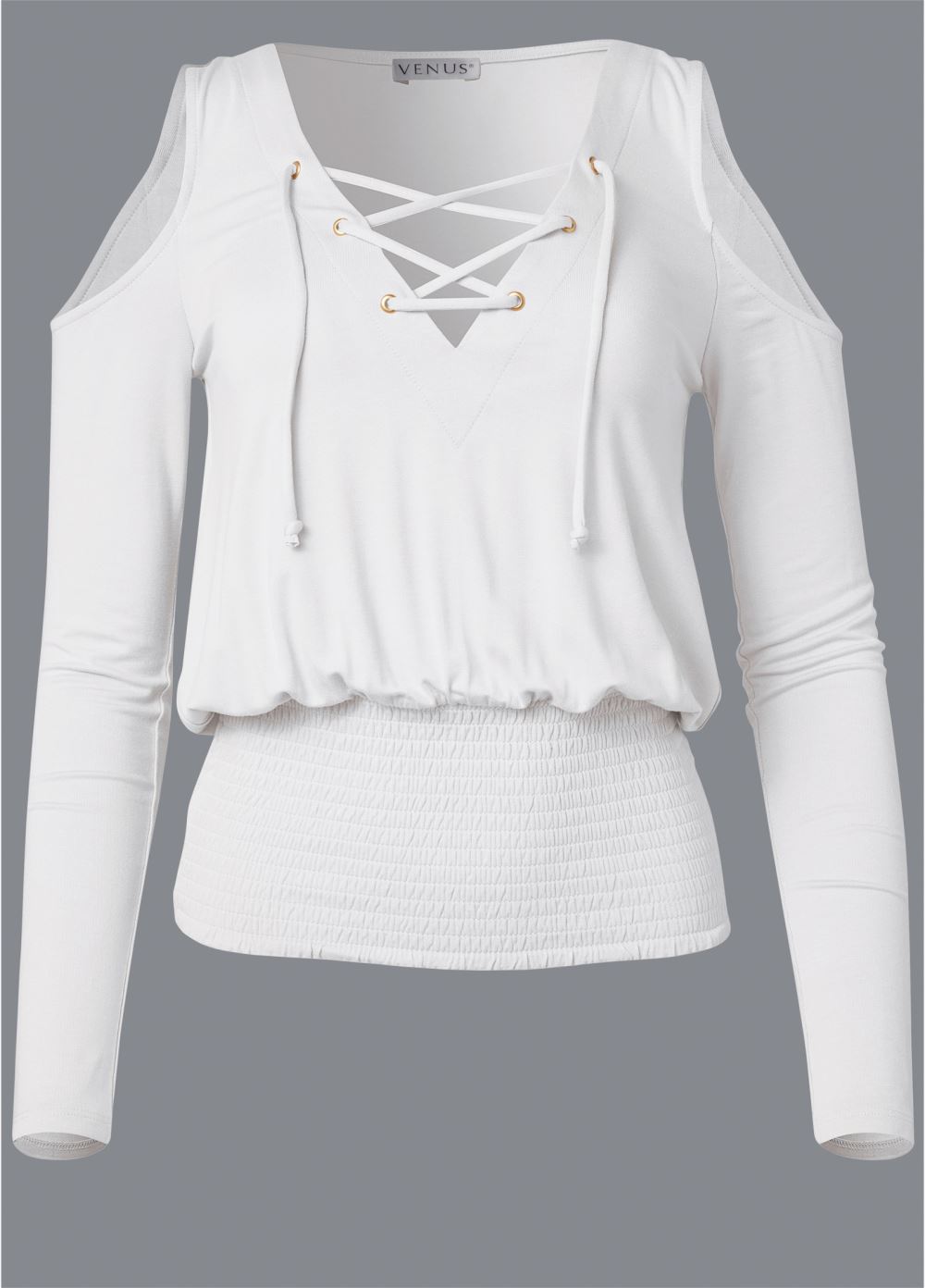Venus Lace Up Cold Shoulder Top in Off White