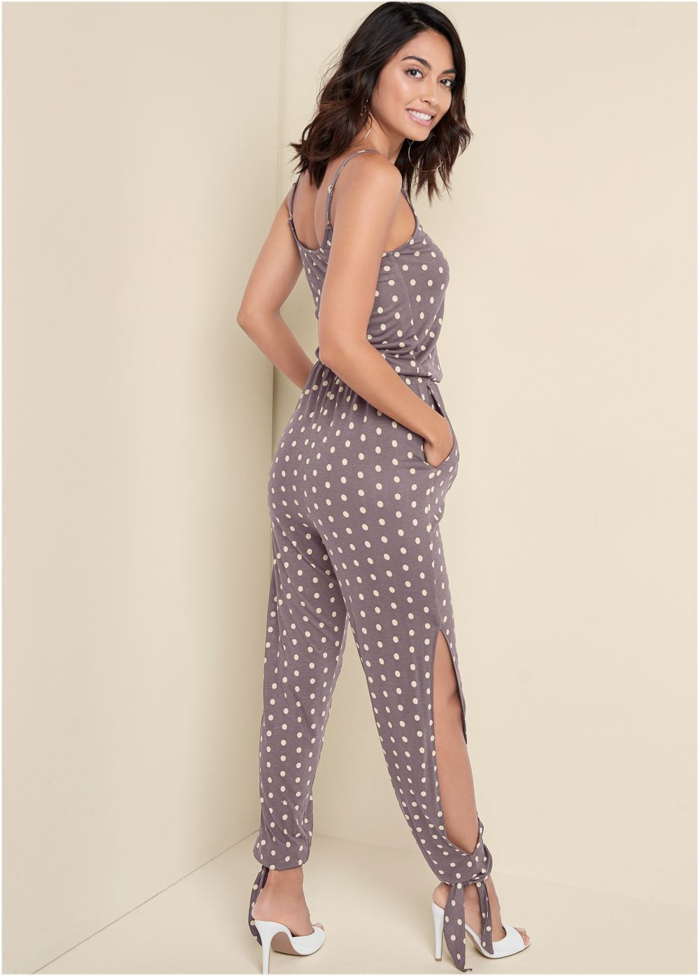 Venus Polka Dot Jumpsuit in Taupe