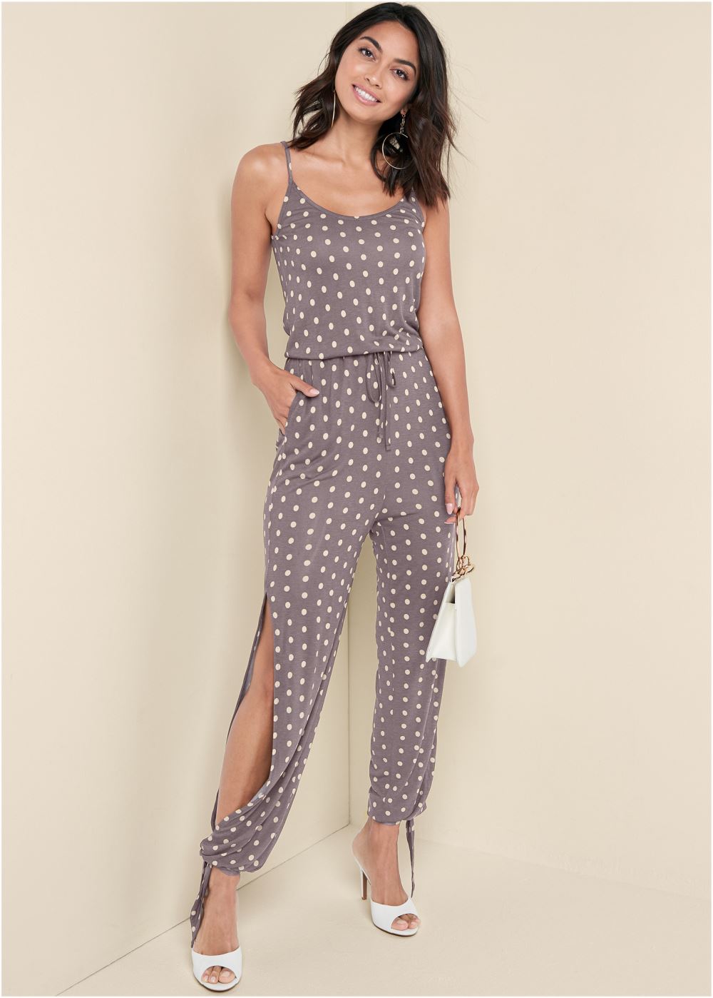 Venus Polka Dot Jumpsuit in Taupe