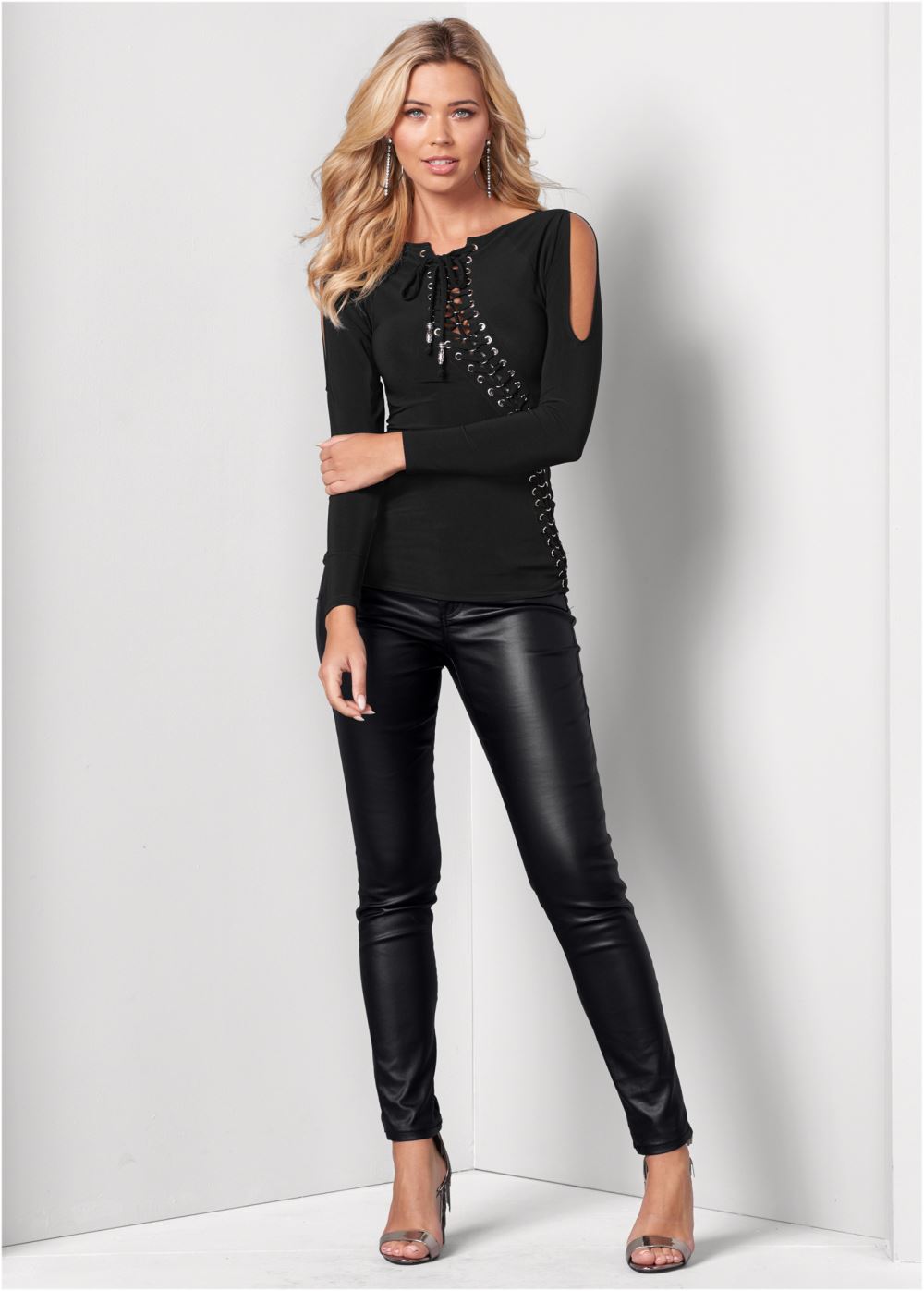Venus Lace-Up Cold-Shoulder Top in Black