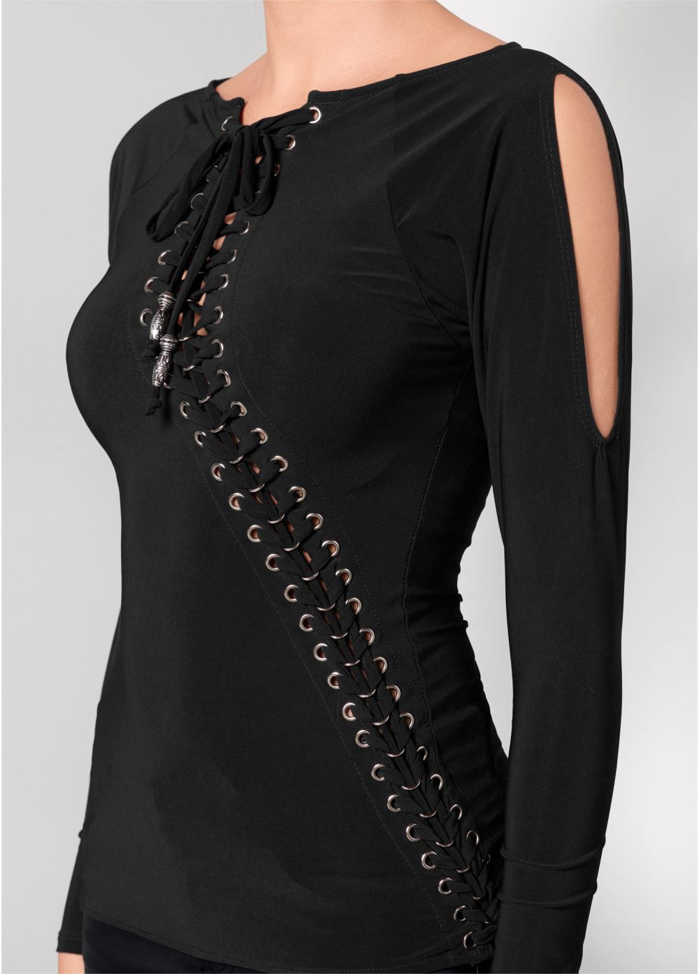 Venus Lace-Up Cold-Shoulder Top in Black