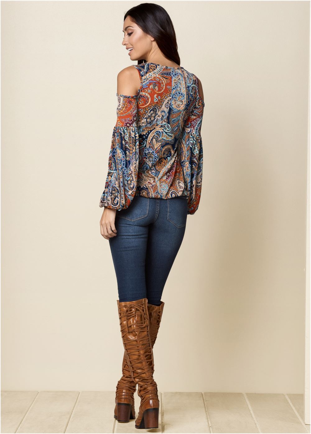 Venus Cold-Shoulder Paisley Top in Orange Multi