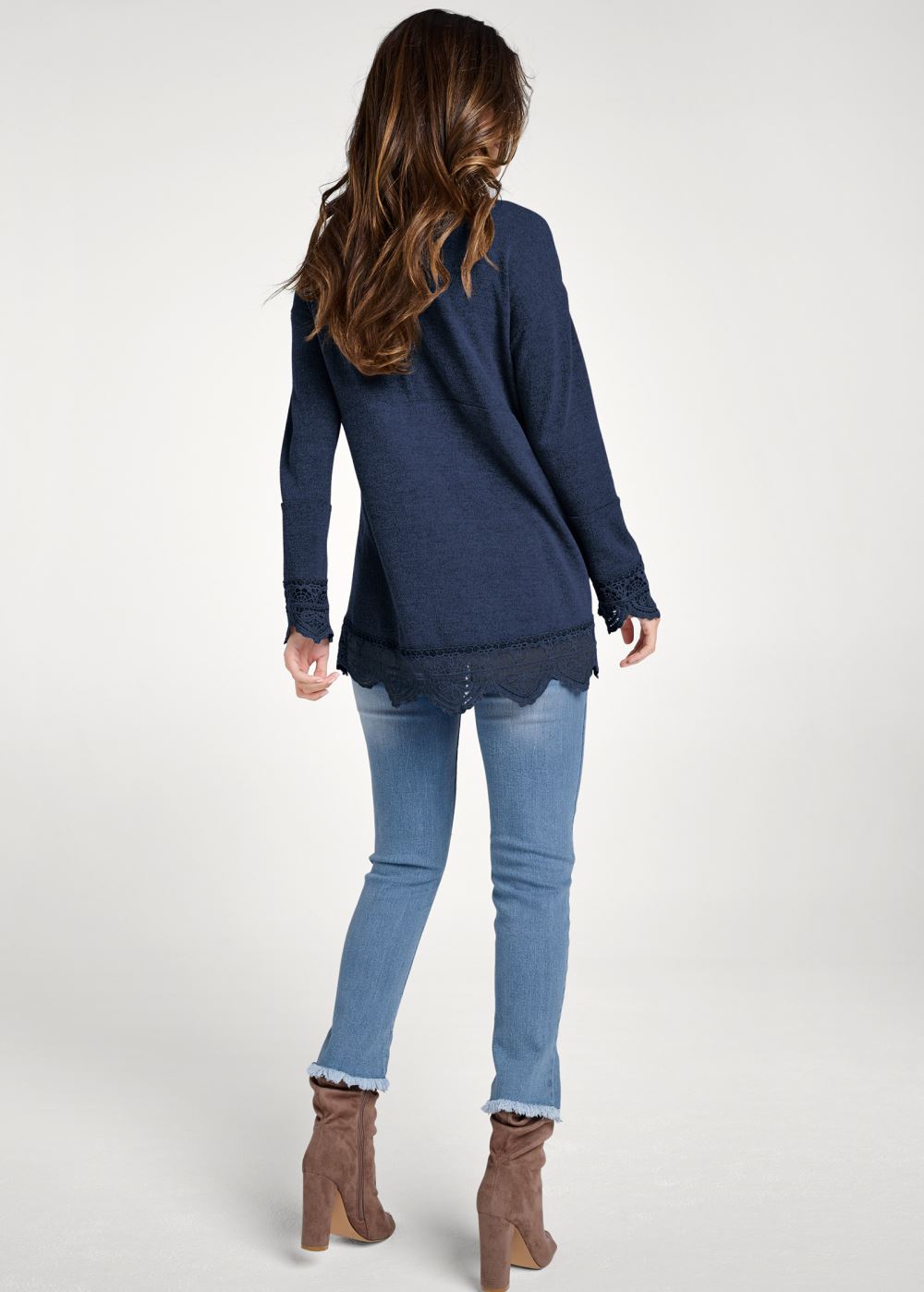 Venus Lace Trim Cozy Knit Top in Navy