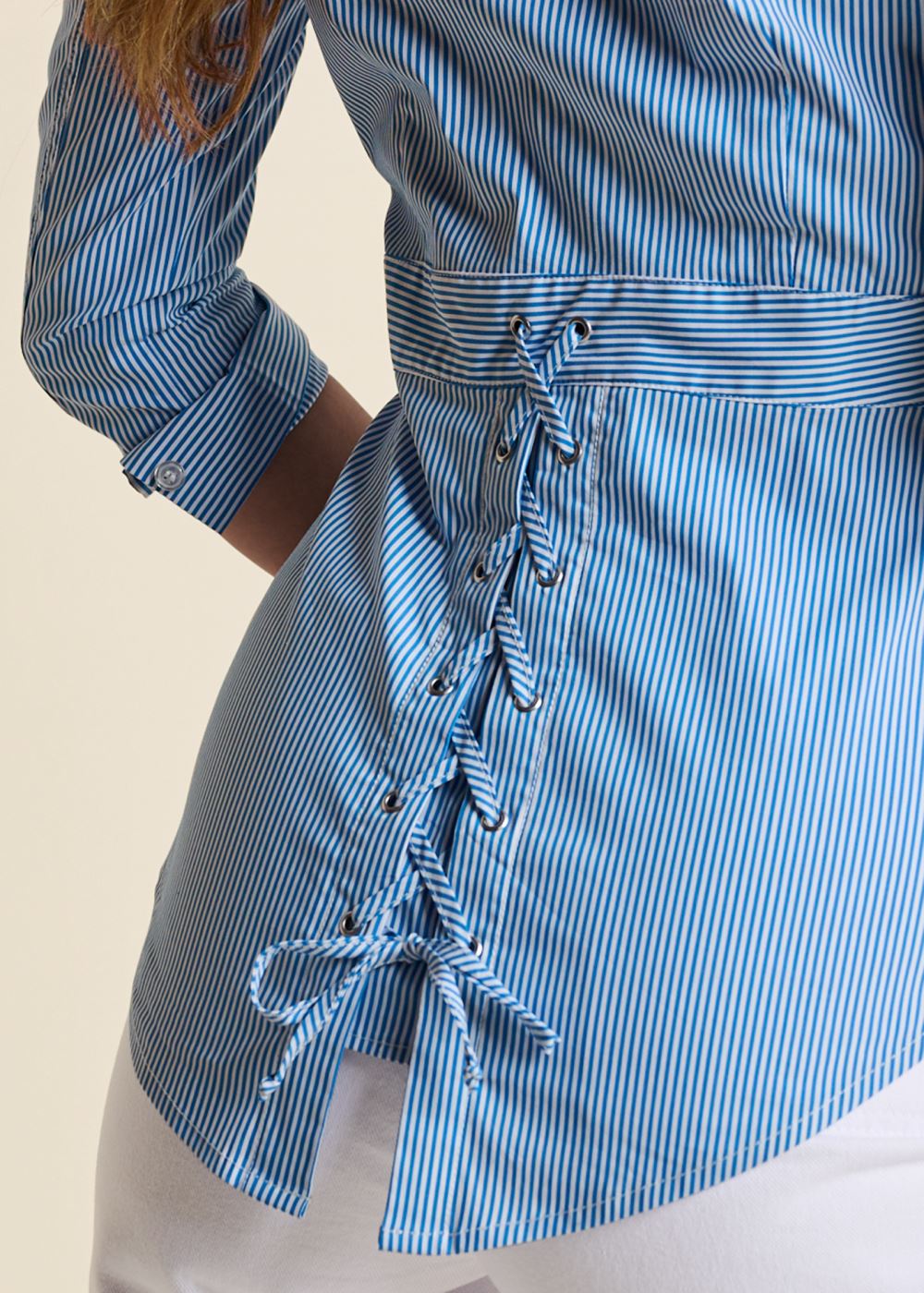 Venus Lace-Up Back Blouse in Blue & White