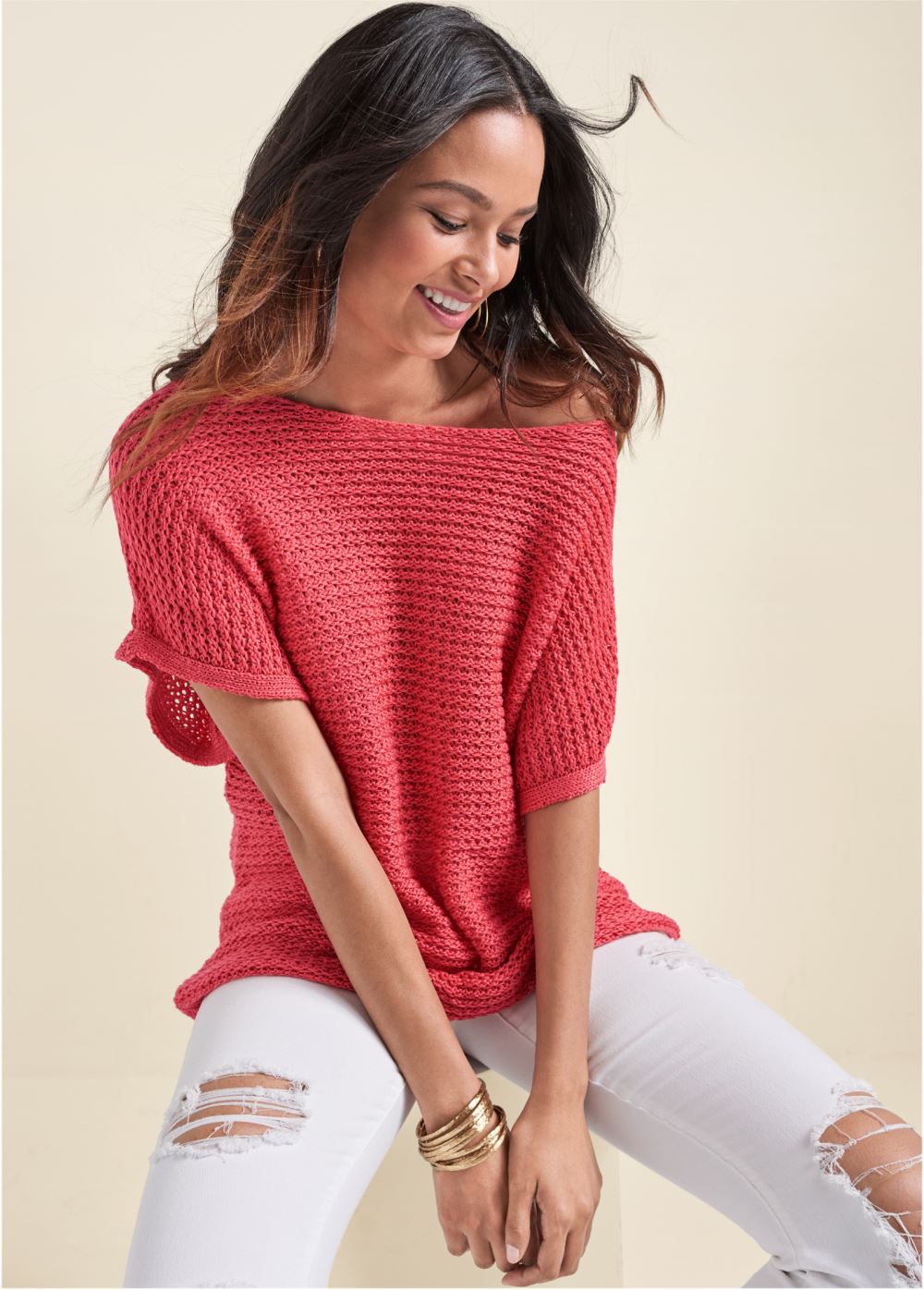 Venus VENUS | Open Knit Sweater in Coral