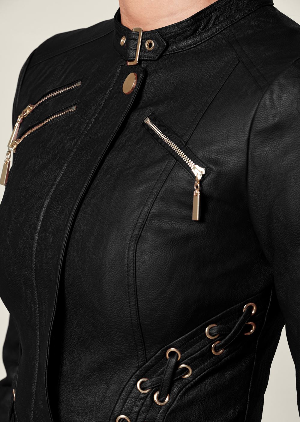 Venus Faux-Leather Lace-Up Jacket in Black