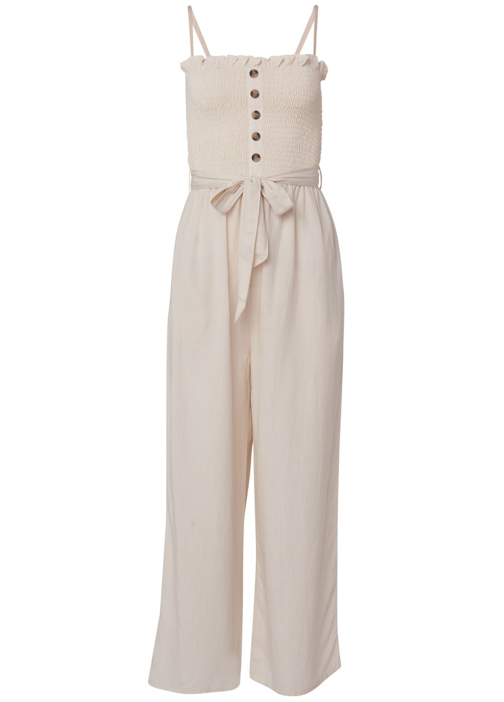 Venus Smocked Detail Linen Jumpsuit in Sand
