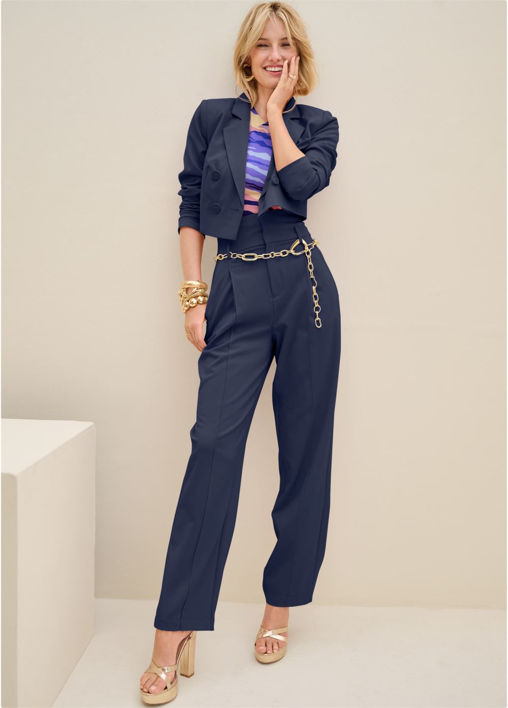 Venus Belted Suiting Set in Navy
