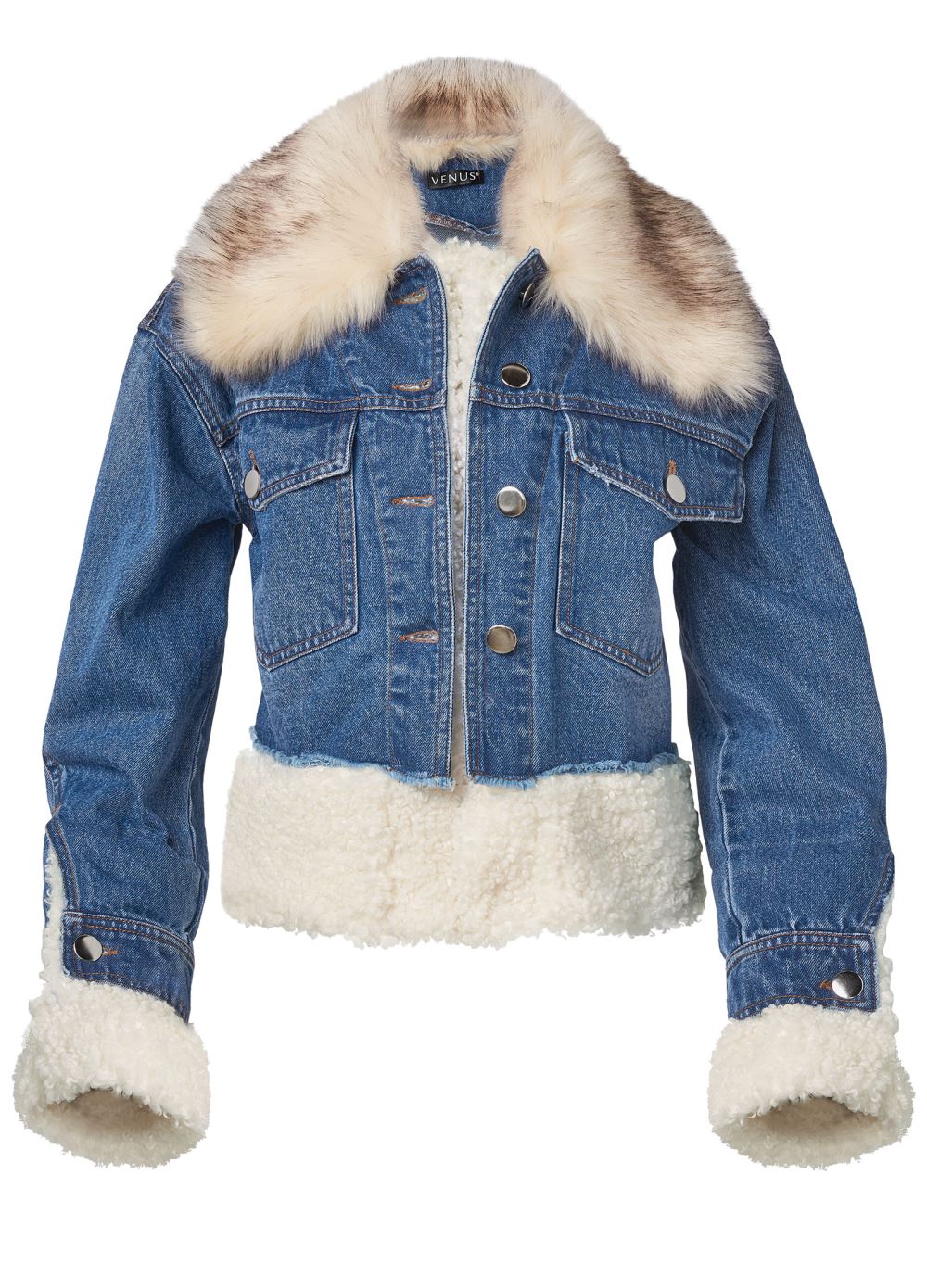 Venus Faux-Fur Trim Trucker Jean Jacket in Medium Wash
