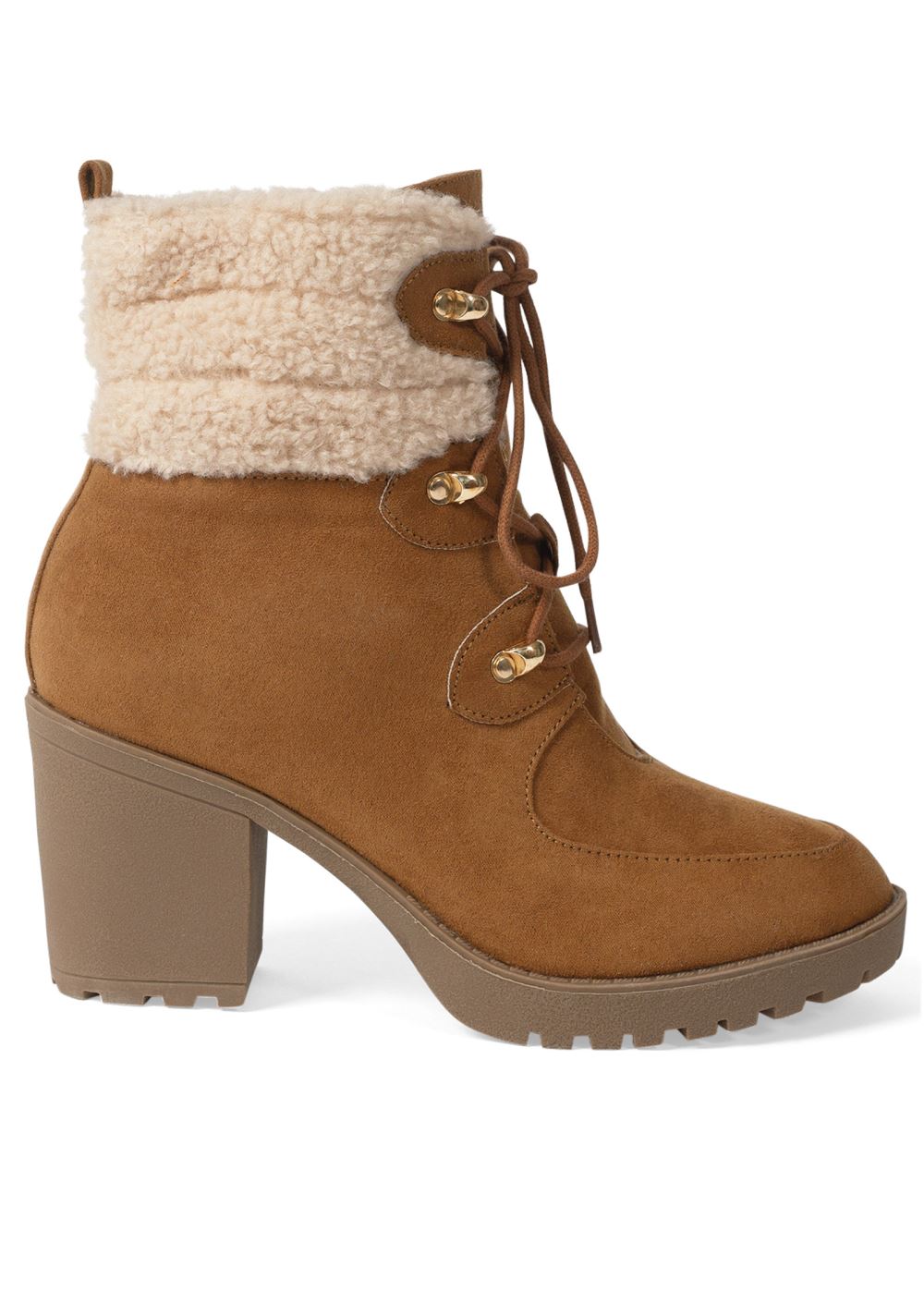 Venus Sherpa Lace-Up Booties in Light Brown