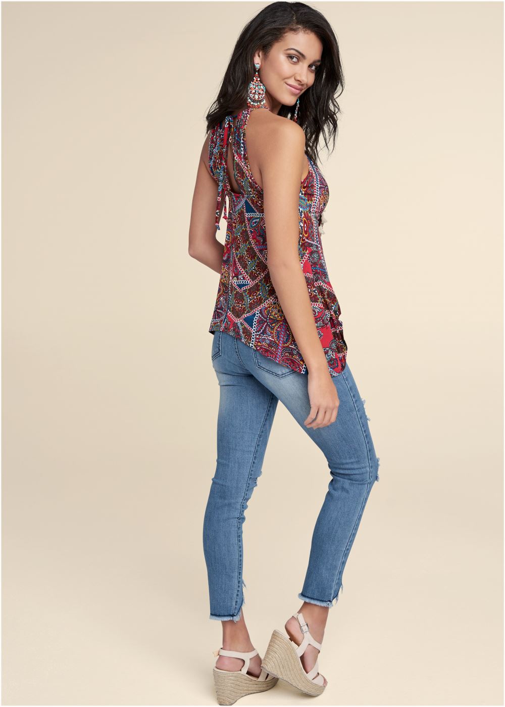 Venus Paisley Print Tassel Top in Red Multi