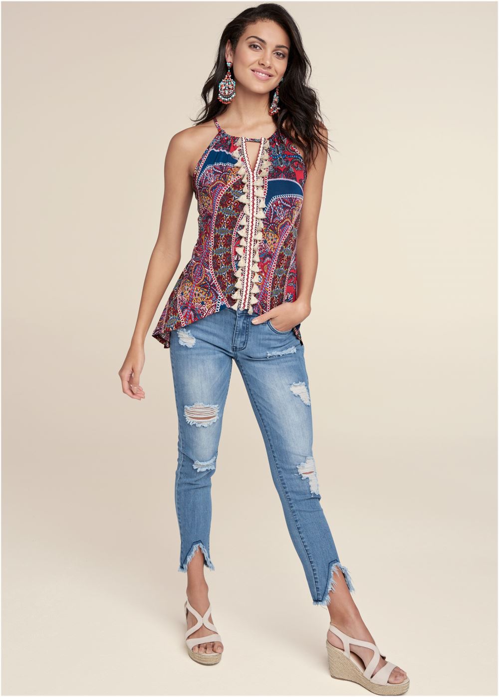 Venus Paisley Print Tassel Top in Red Multi