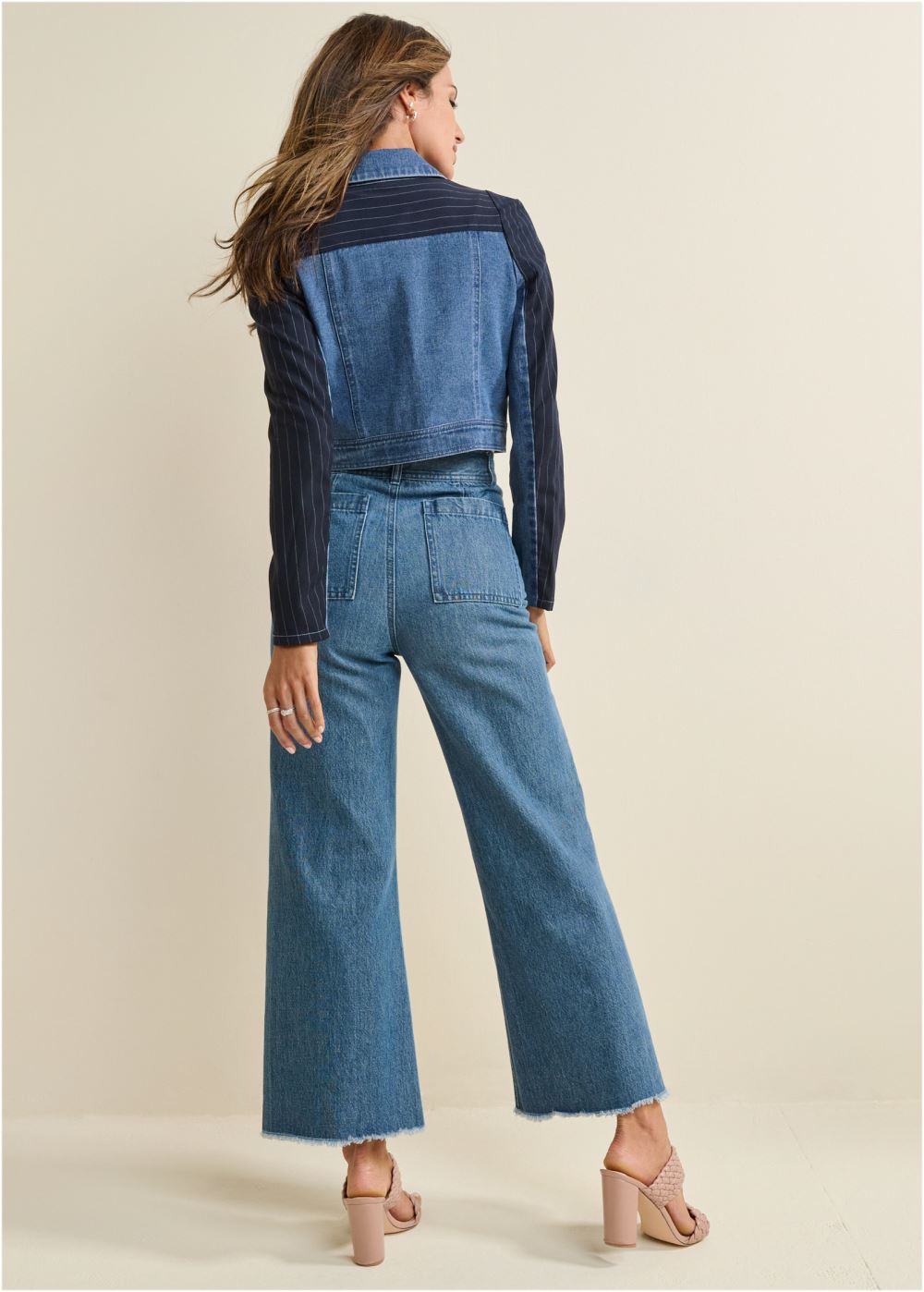 Venus Denim And Pinstripe Blazer in Medium Wash