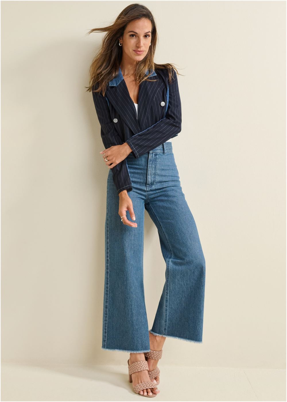 Venus Denim And Pinstripe Blazer in Medium Wash