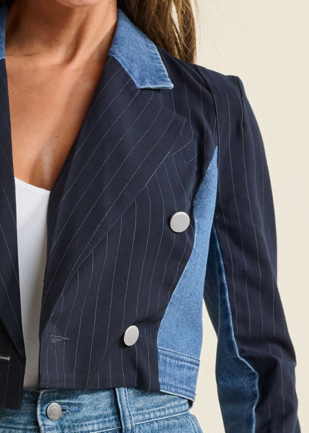 Venus Denim And Pinstripe Blazer in Medium Wash