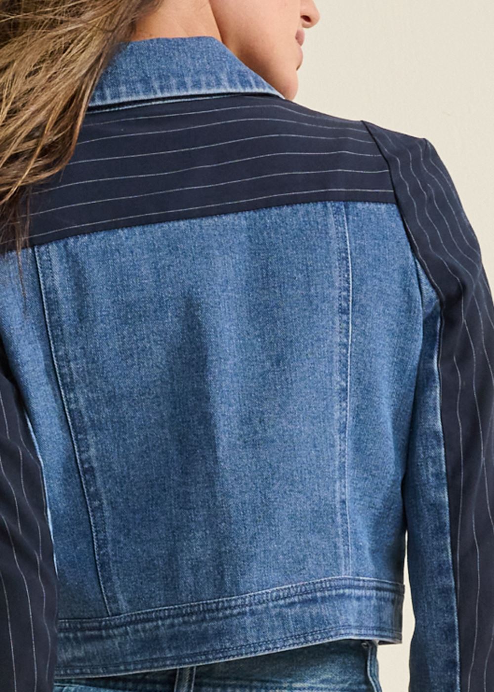 Venus Denim And Pinstripe Blazer in Medium Wash