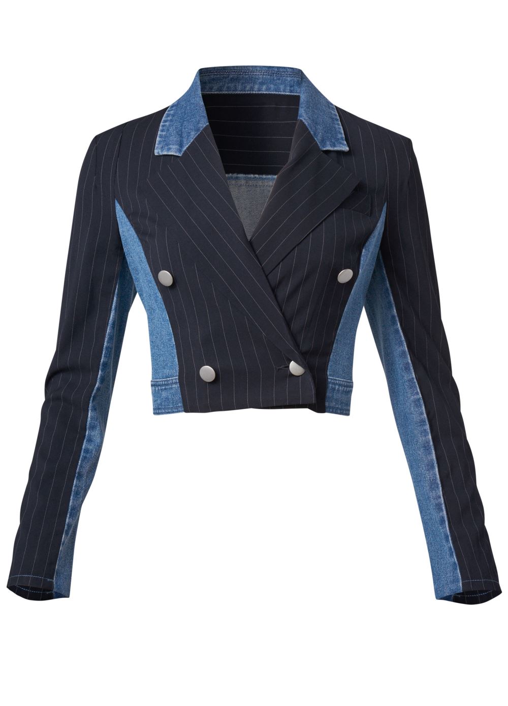 Venus Denim And Pinstripe Blazer in Medium Wash