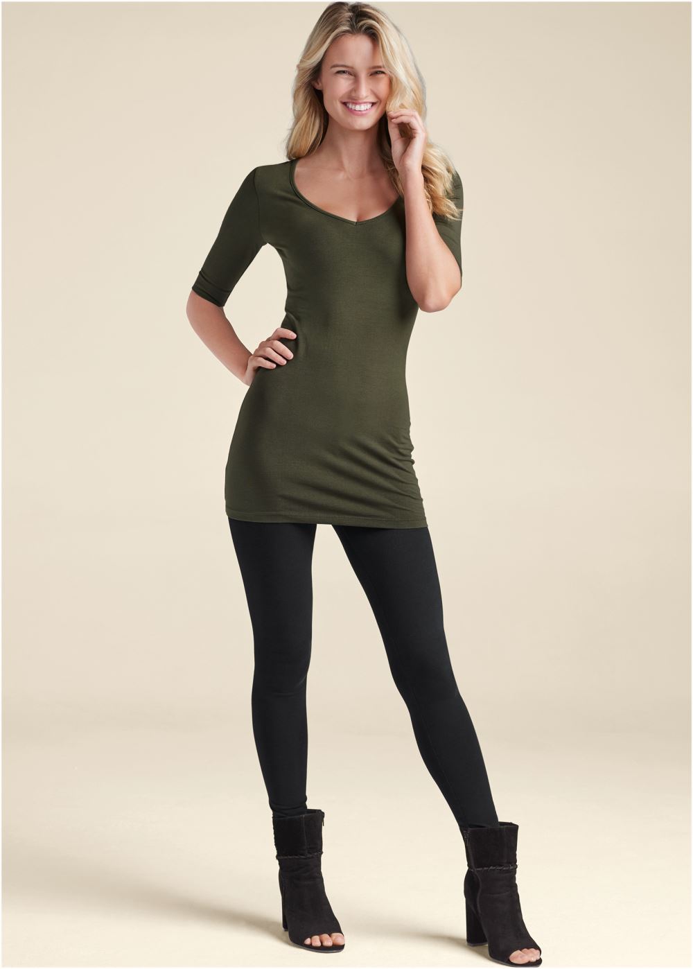 Venus Long And Lean V-Neck Tee in Olive