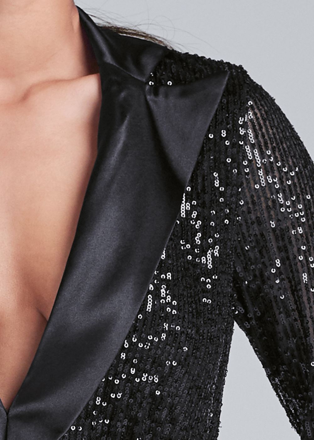 Venus Sequin Tuxedo Romper in Black