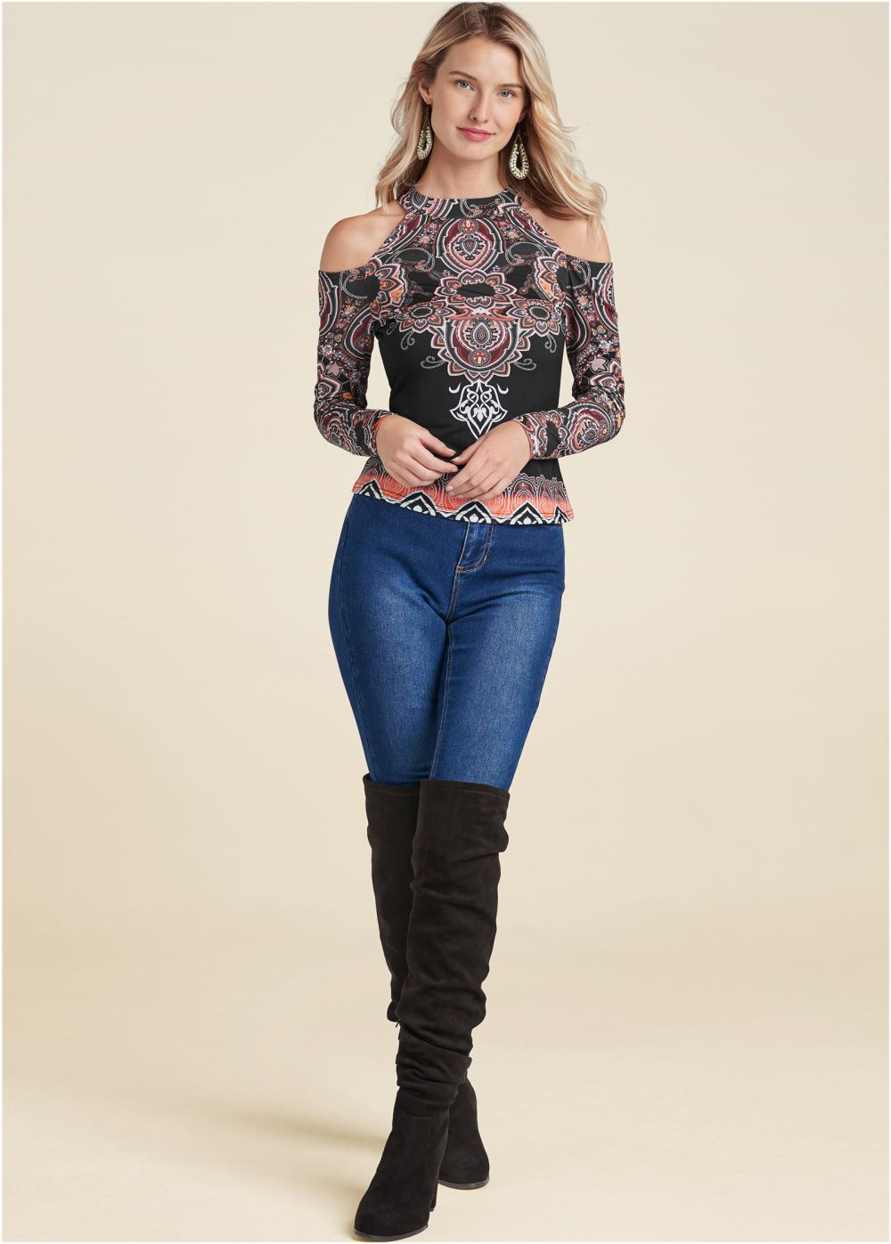 Venus Paisley Cold-Shoulder Top in Black Multi