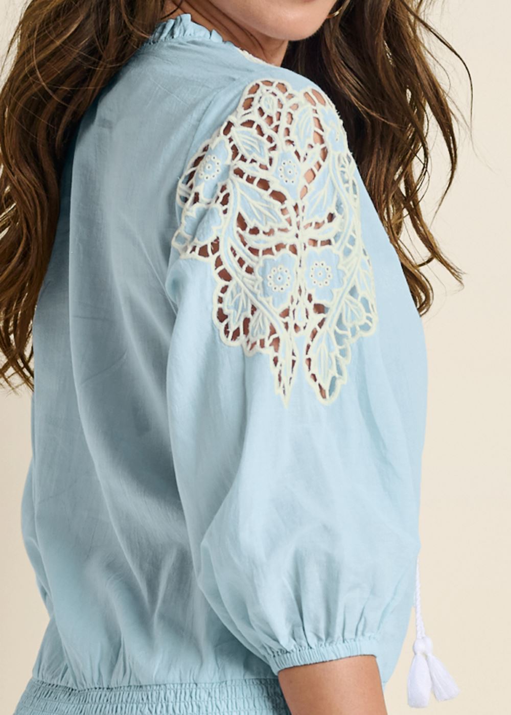 Venus Eyelet Smocked Hem Blouse in Blue & White