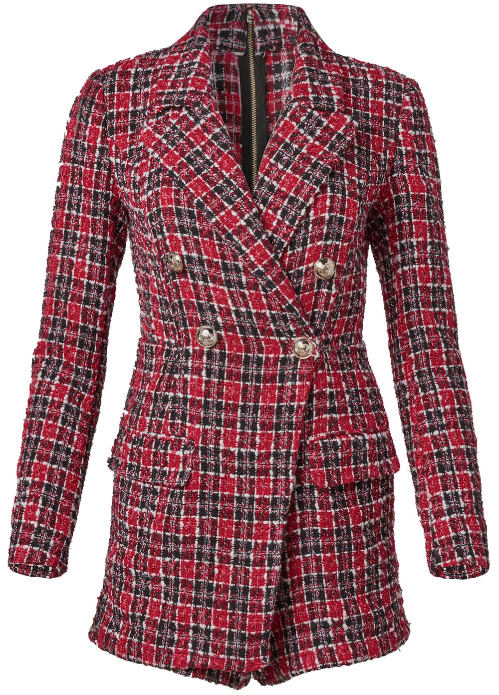 Venus Tweed Button Detail Romper in Red & Black