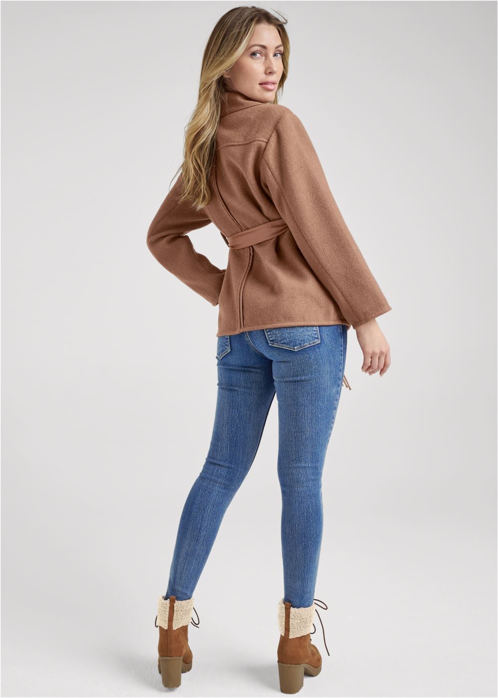 Venus Belted Fringe Lightweight Coat in Camel