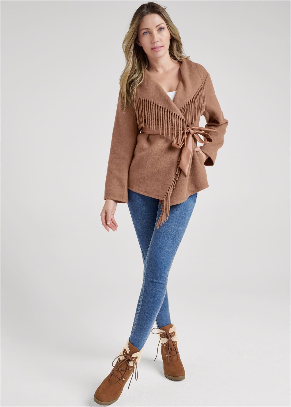 Venus Belted Fringe Lightweight Coat in Camel