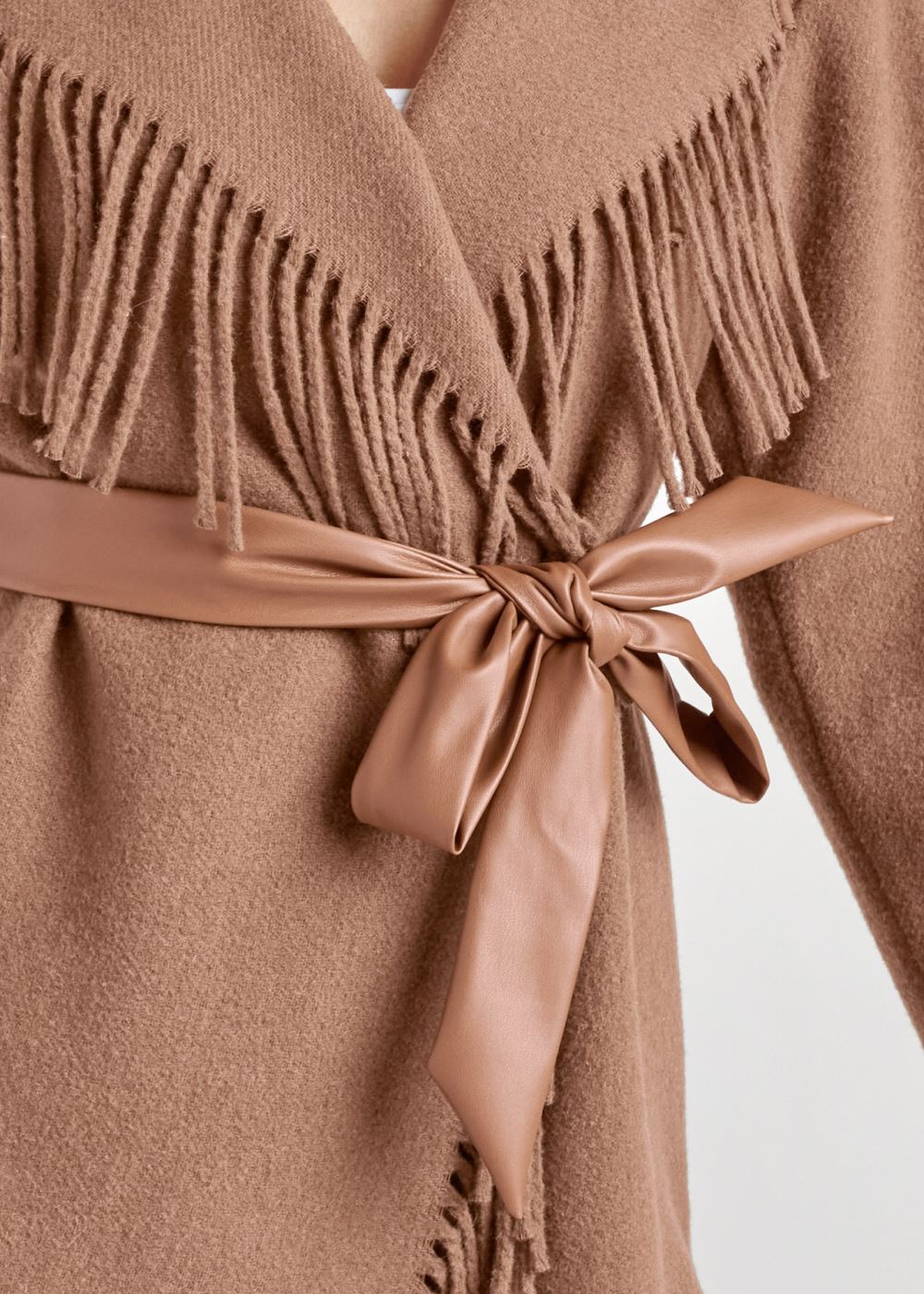 Venus Belted Fringe Lightweight Coat in Camel
