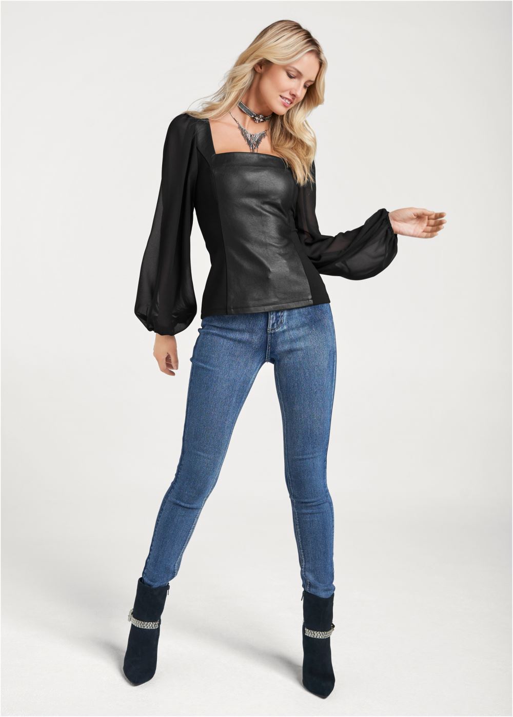 Venus Faux-Leather Mesh Top in Black