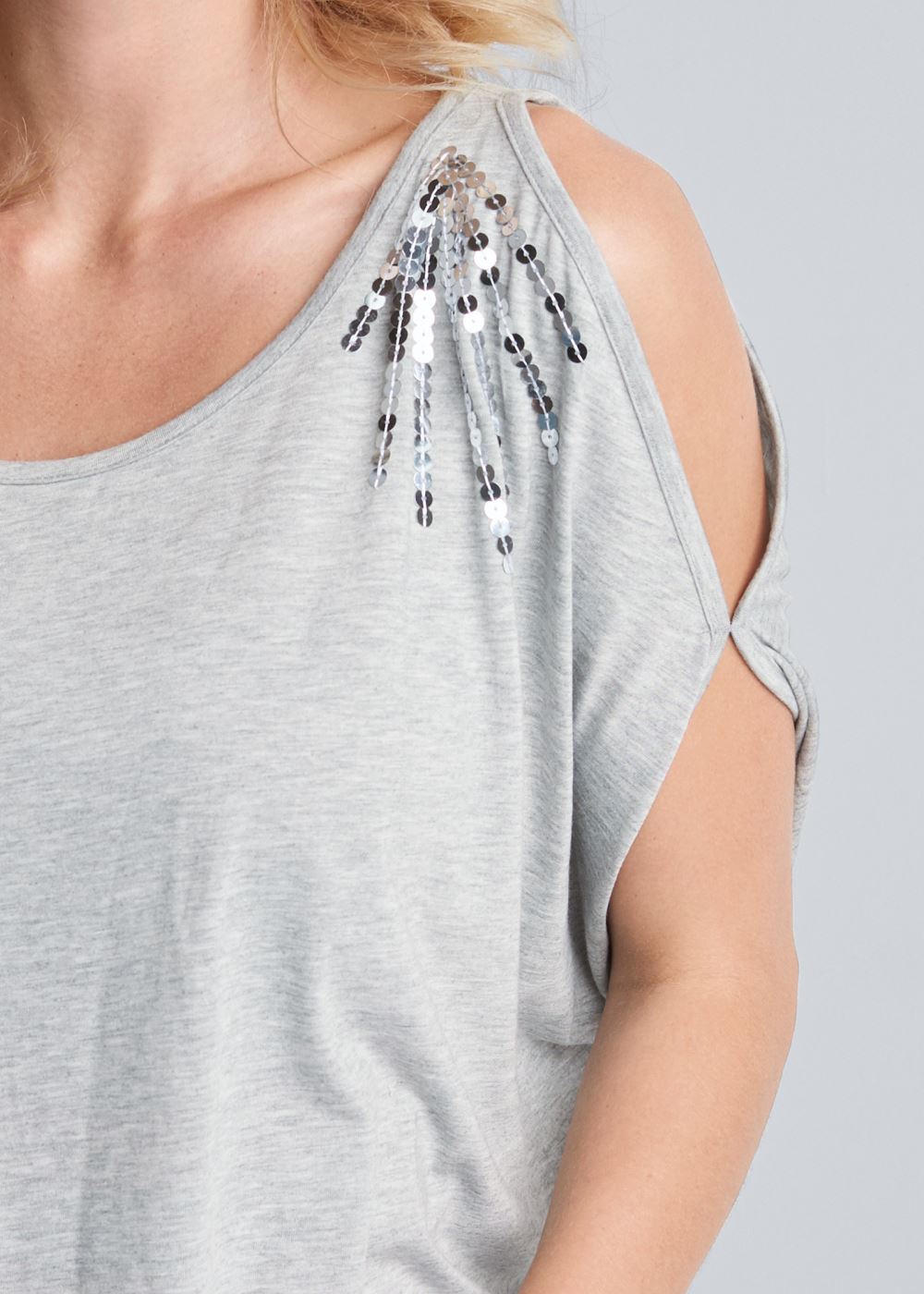 Venus Cold-Shoulder Sequin Top in Grey