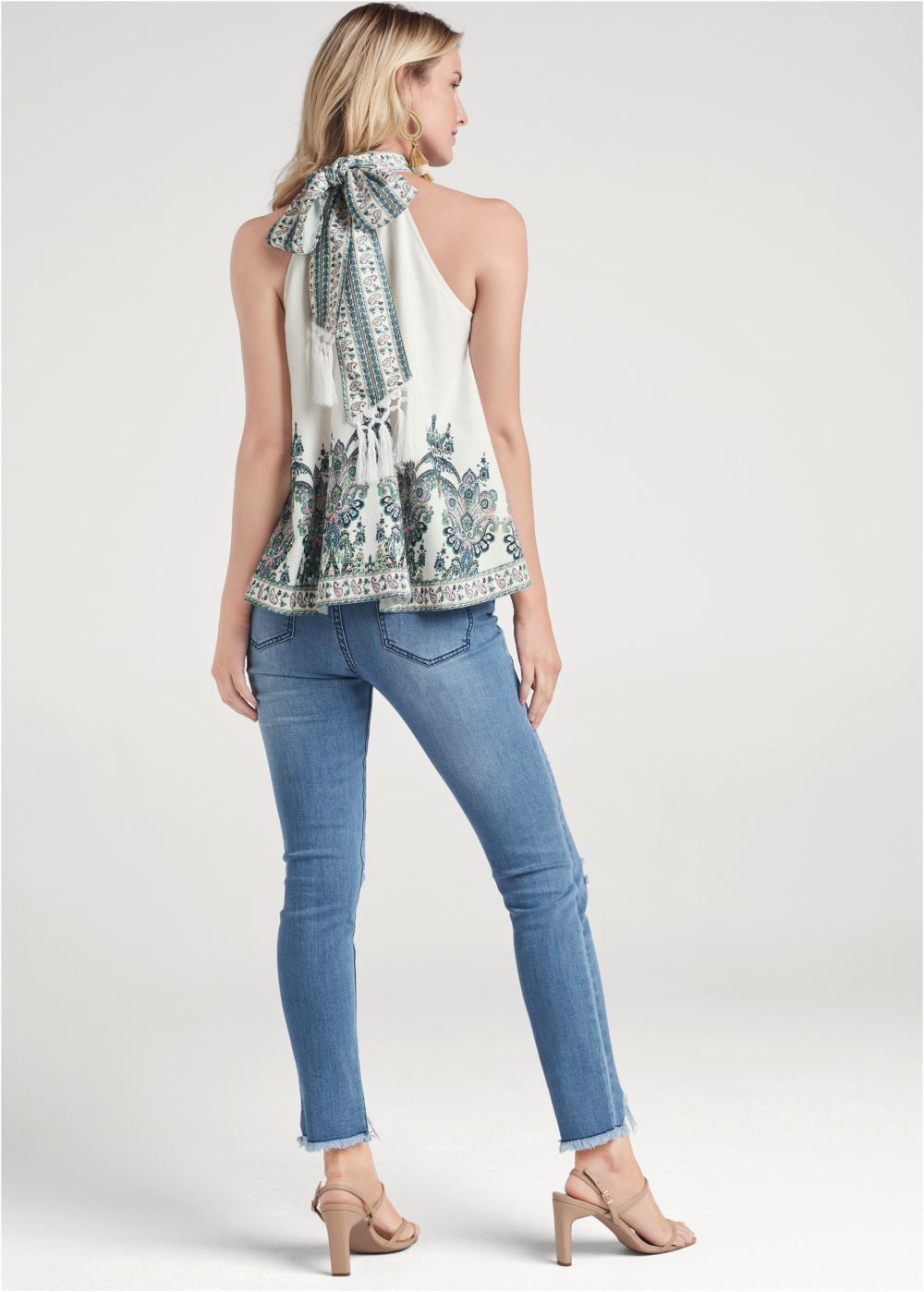 Venus Linen Paisley Mock-Neck Top in White Multi