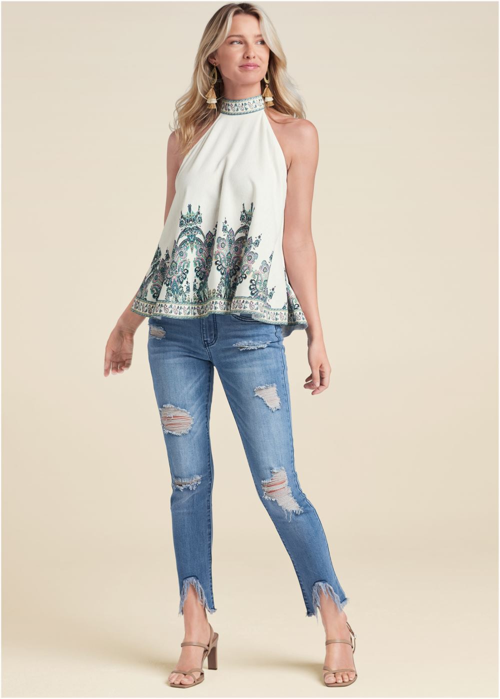 Venus Linen Paisley Mock-Neck Top in White Multi