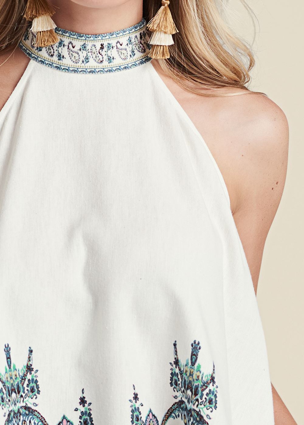 Venus Linen Paisley Mock-Neck Top in White Multi
