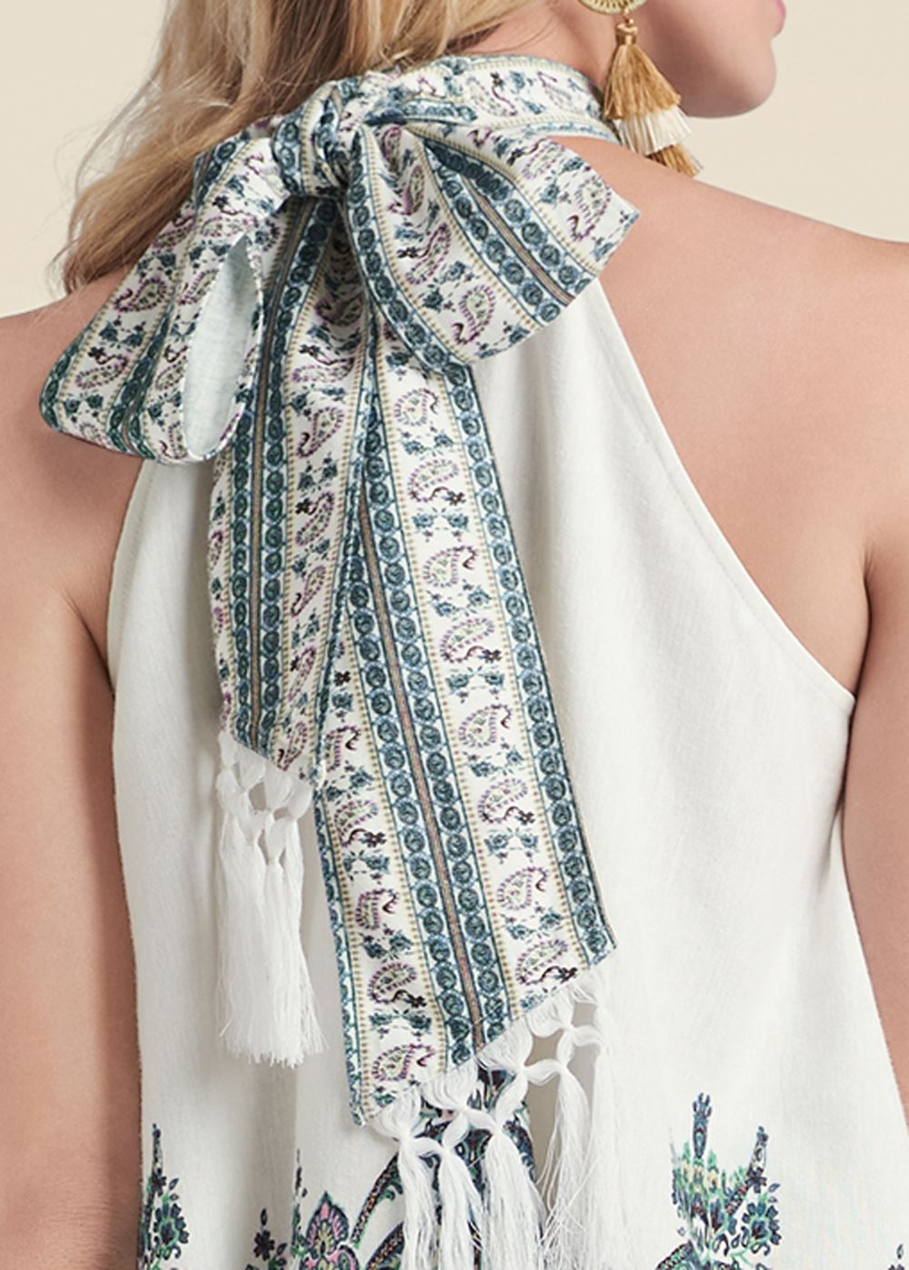 Venus Linen Paisley Mock-Neck Top in White Multi