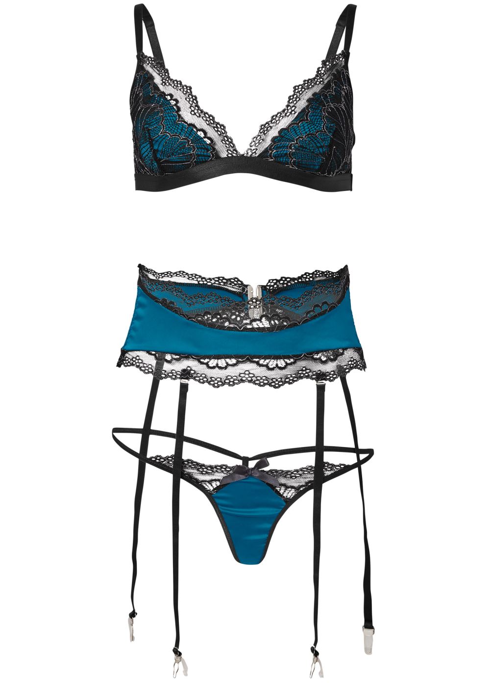 Venus Blue & Black SATIN AND LACE LINGERIE SET