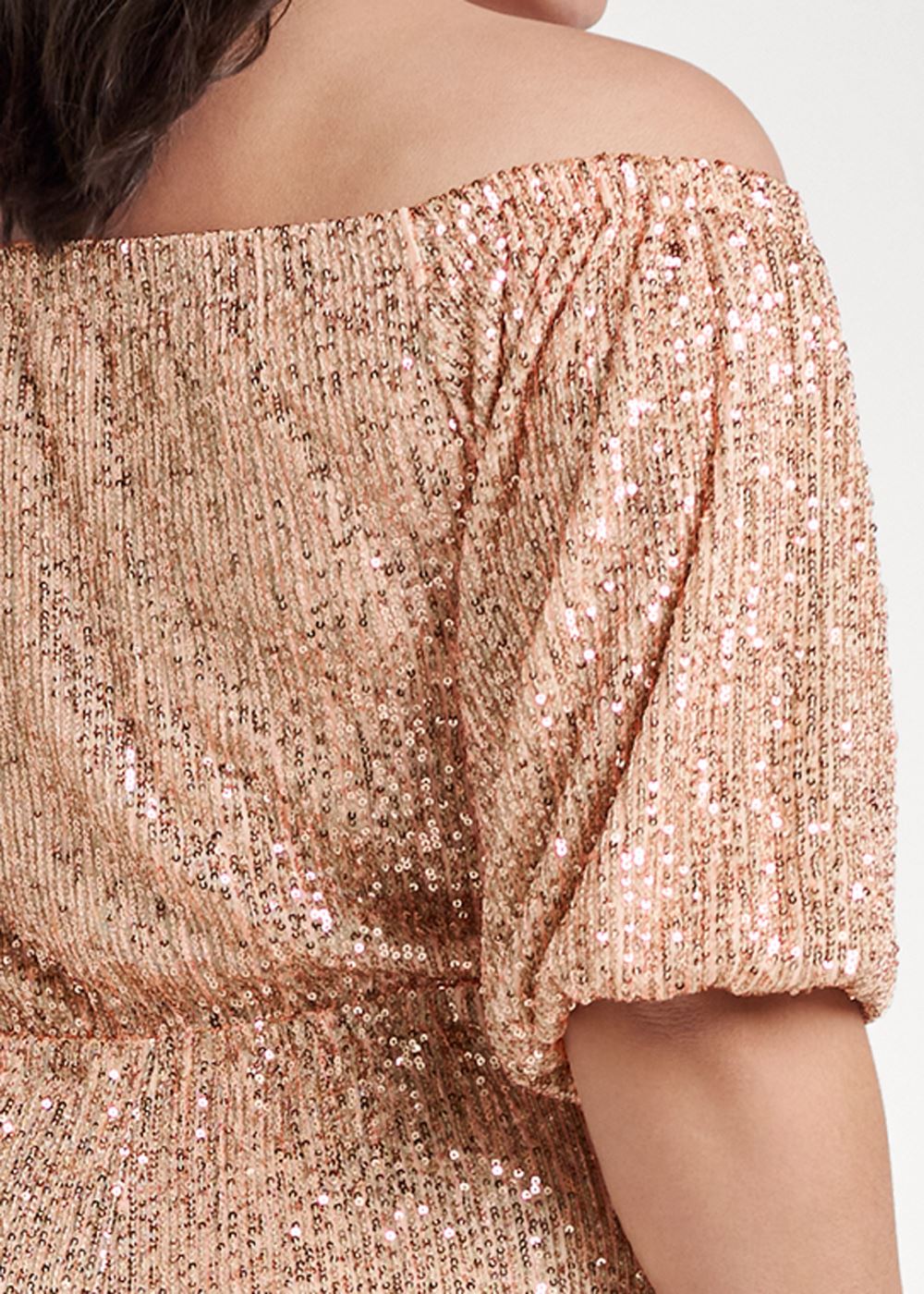 Venus Plus Size Off-Shoulder Sequin Jumpsuit in Rose Gold