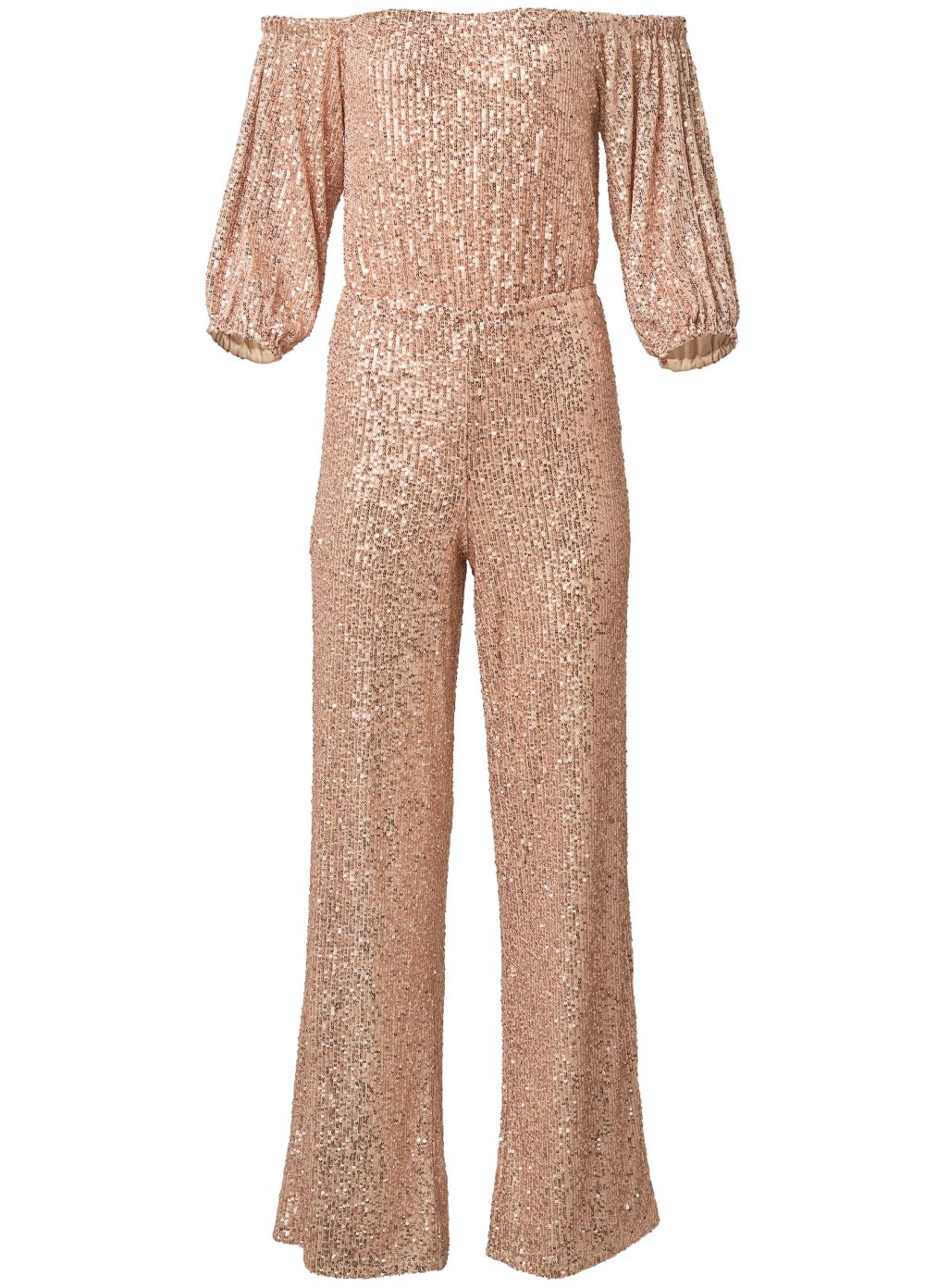 Venus Plus Size Off-Shoulder Sequin Jumpsuit in Rose Gold