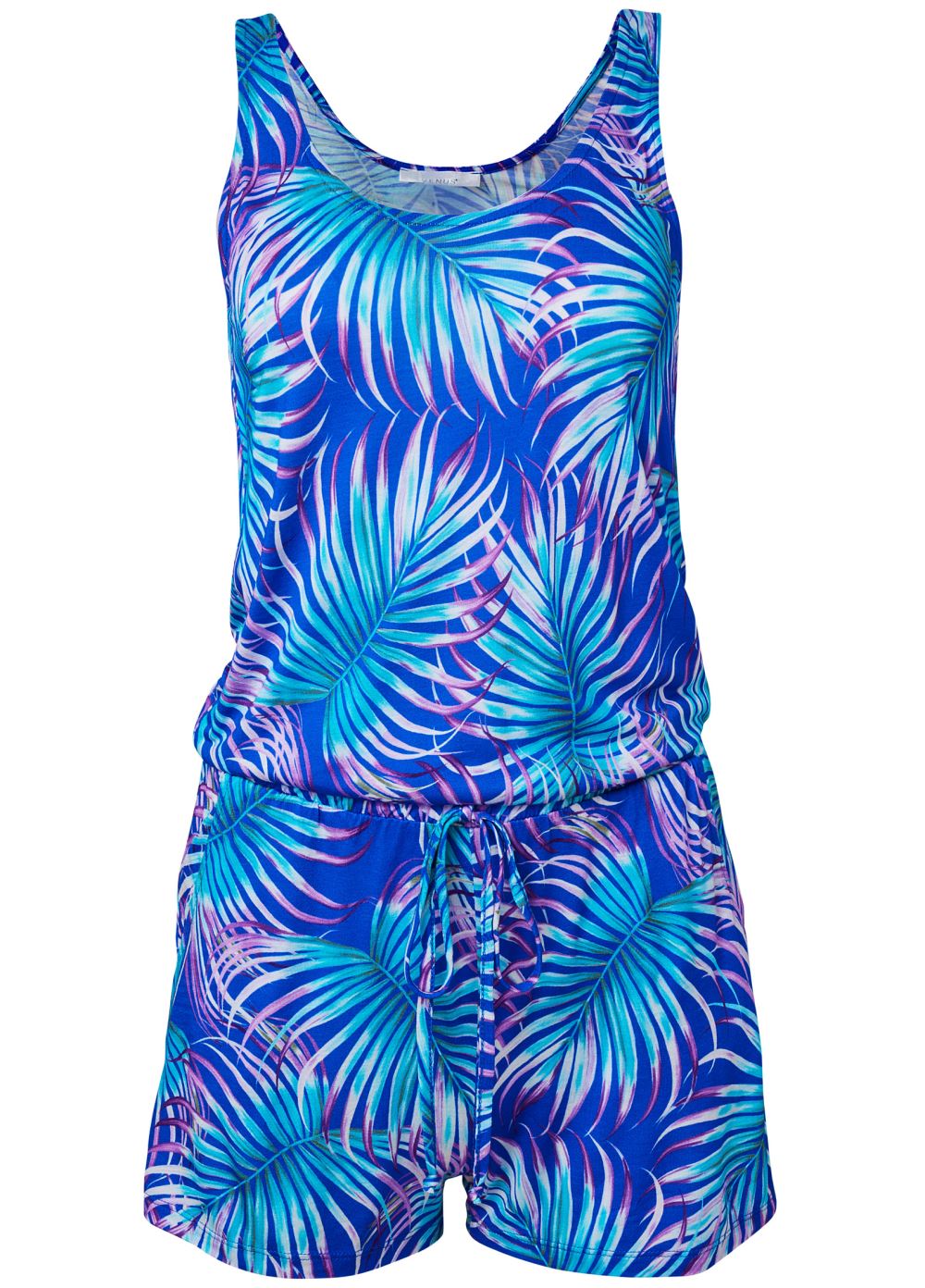 Venus Plus Size Palm Printed Romper in Blue Multi