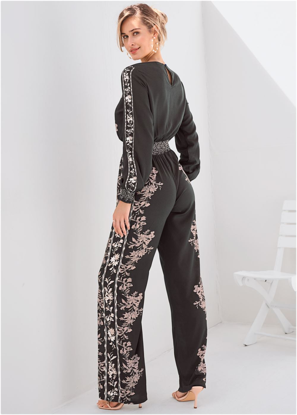 Venus Plus Size Leaf Print Smocked Jumpsuit in Black Multi