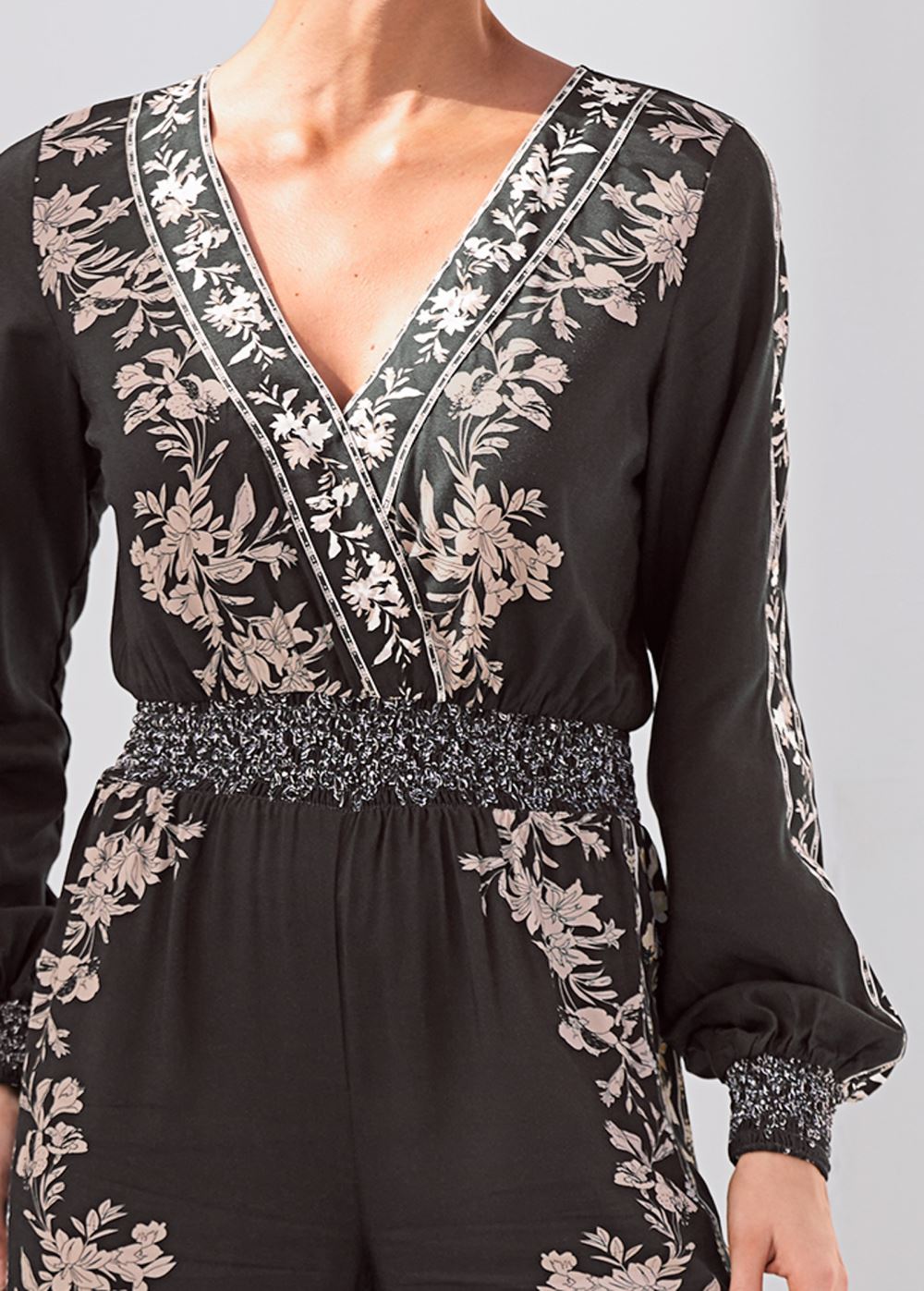 Venus Plus Size Leaf Print Smocked Jumpsuit in Black Multi