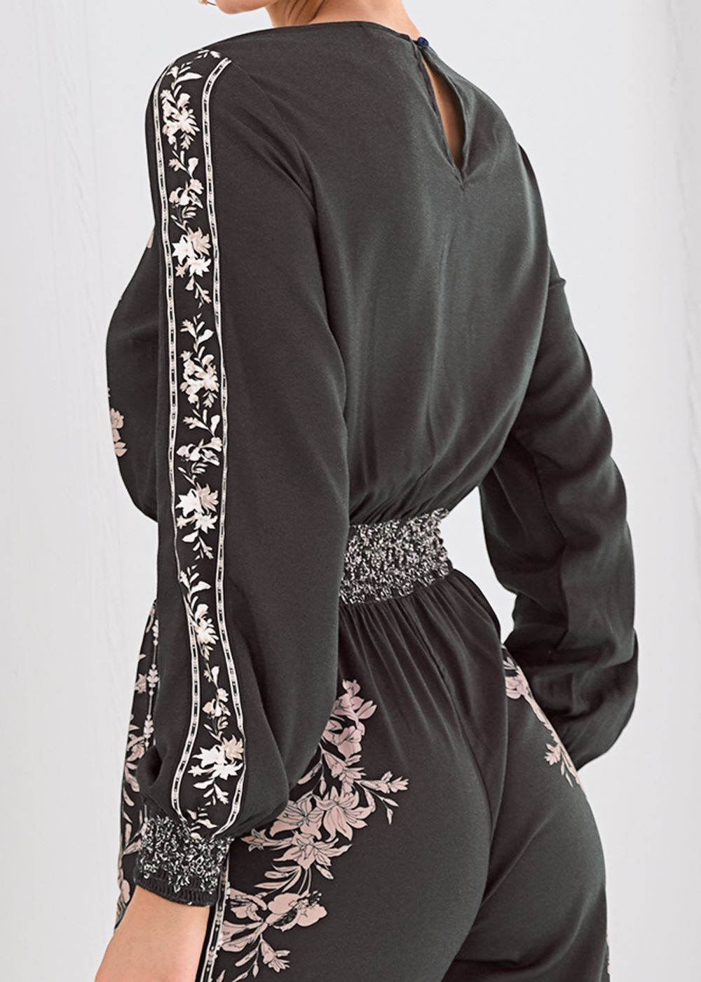 Venus Plus Size Leaf Print Smocked Jumpsuit in Black Multi
