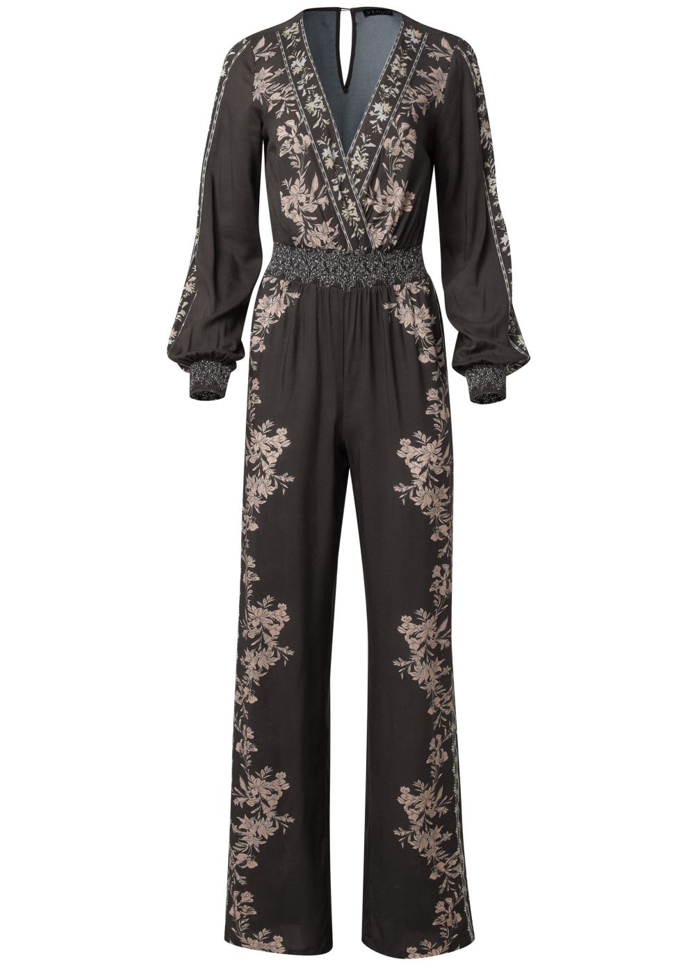 Venus Plus Size Leaf Print Smocked Jumpsuit in Black Multi