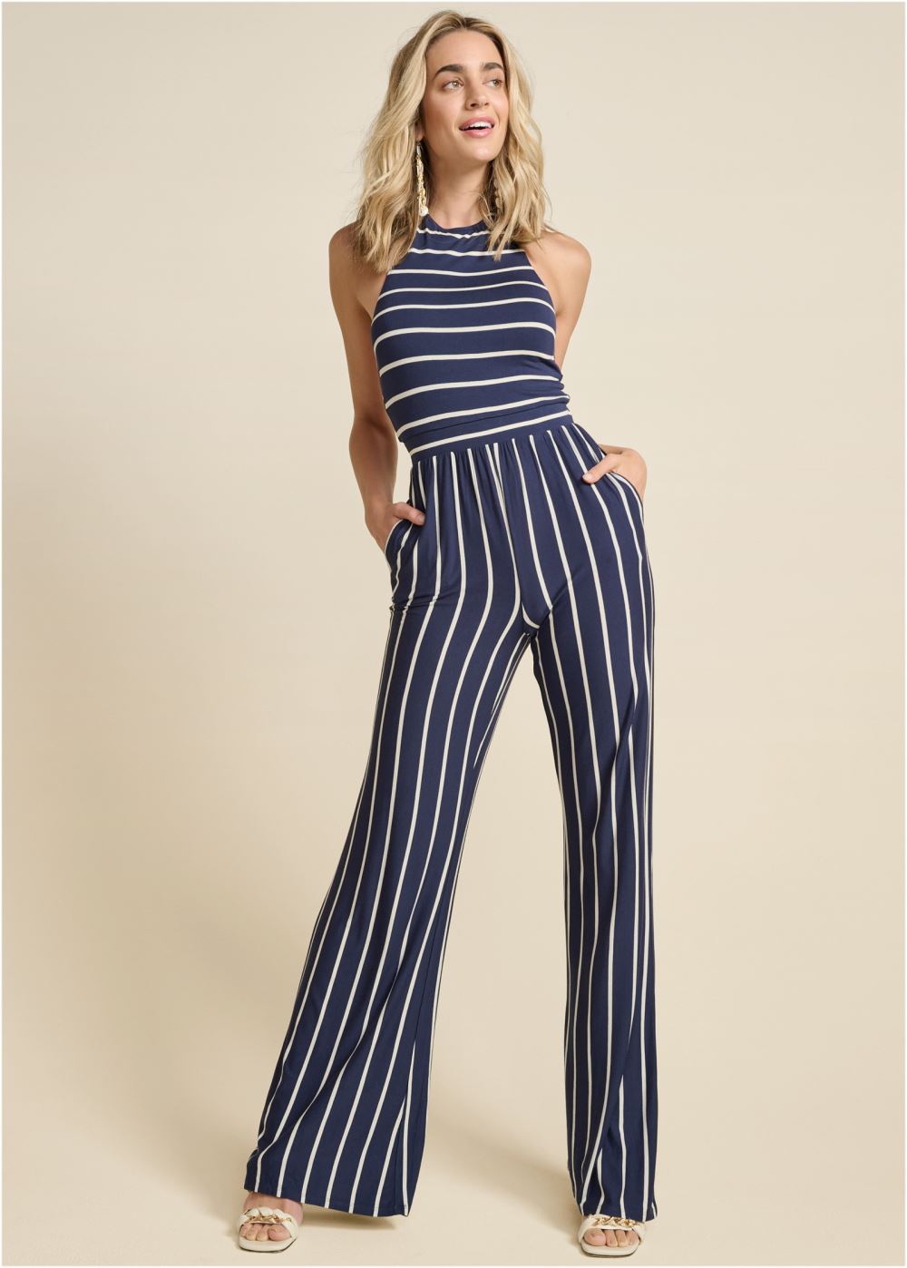 Venus Plus Size Striped Halter Jumpsuit in Navy & White