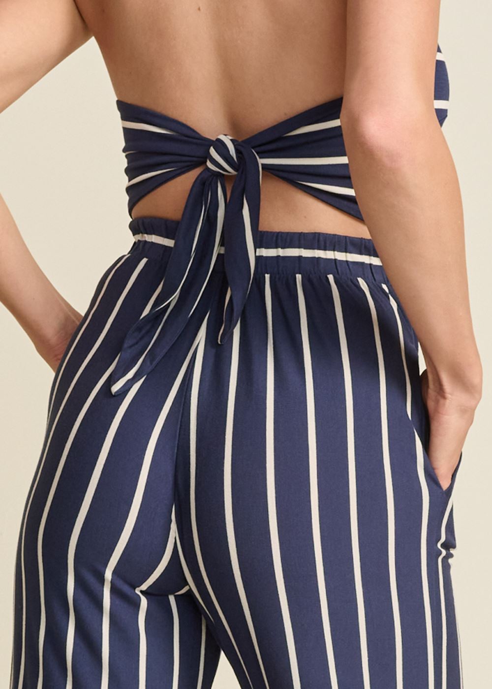 Venus Plus Size Striped Halter Jumpsuit in Navy & White