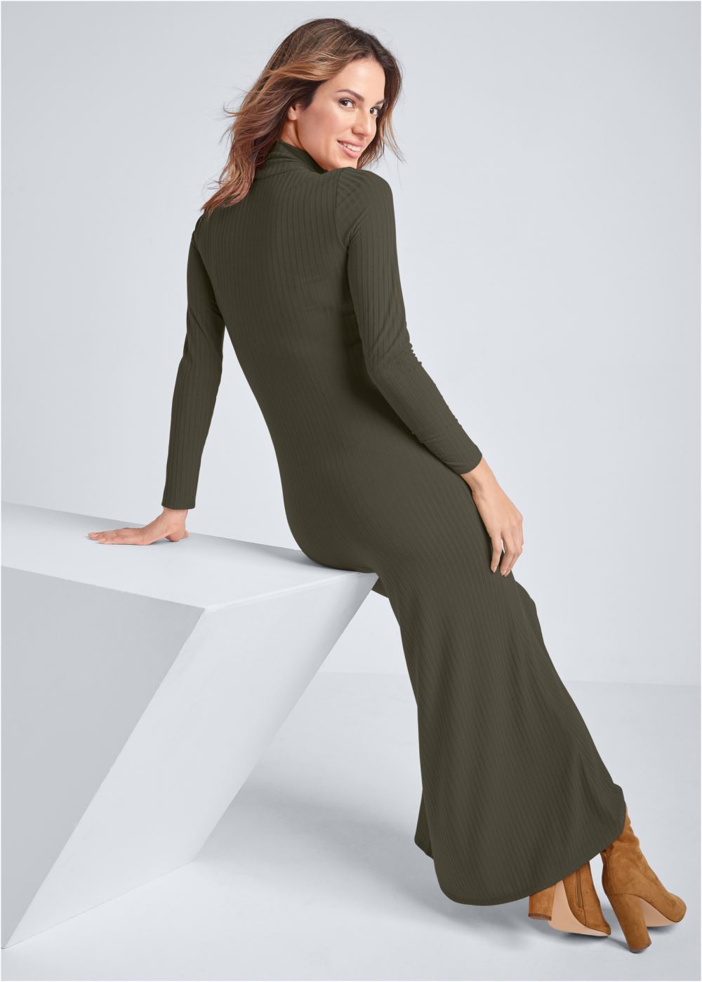 Venus Olive Ribbed mock-neck long dress