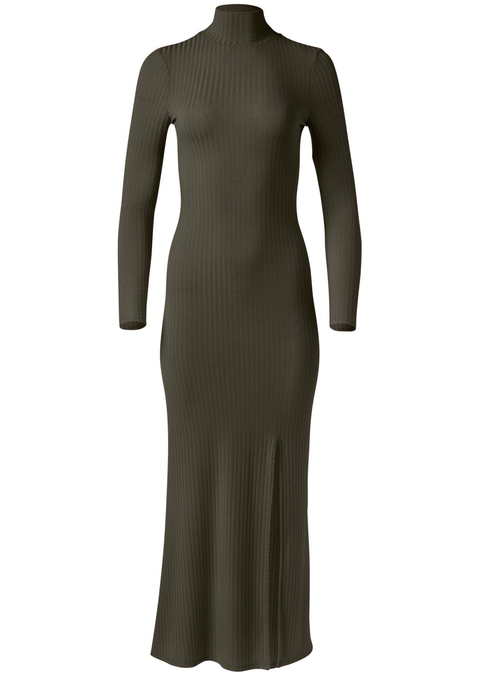 Venus Olive Ribbed mock-neck long dress