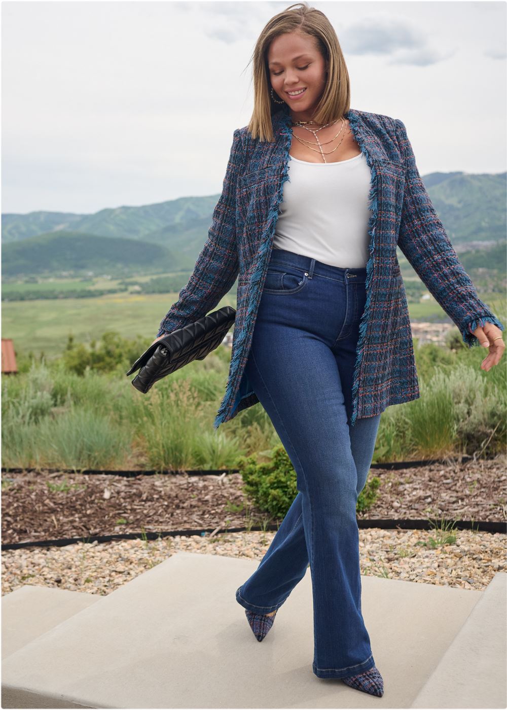 Venus Open Front Tweed Fringe Jacket in Navy Multi